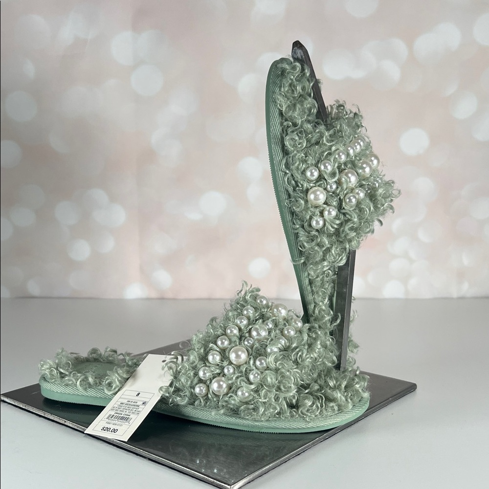 A NEW DAY Mint Pearl-Embellished Shearling Sandals NWT